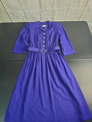 PERI PETITES VINTAGE BELT DRESS PURPLE Sz 14 Rayon Polyester Mom Pretty - Image 1 of 4