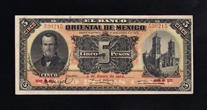 F.C. MEJICO MEXICO , BANCO ORIENTAL , 5 PESOS 1914 , MBC- ( VF ) , P.S381c . - Imagen 1 de 2