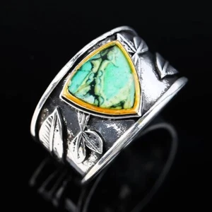 Vintage Style Silver Plated Leaves Carved Triangle Turquoises Rings - Picture 1 of 2