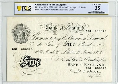 1952 Great Britain 5 Pounds, Bank of England - PCGS Choice VF 35 - Image 1 of 2