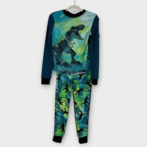 Cuddl Duds Boy’s Size 8 Green Black Dinosaur T Rex Graphic 2 Piece Pajama Set - Picture 1 of 12