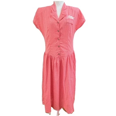 Vintage 1980’s Size 12 Pink Polka Dot Shirt Dress Shoulder Pads Retro Daydress - Image 1 of 4
