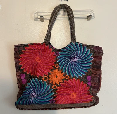 Floral Needlepoint Pink Orange Purple  Tote Overnight Beach Bag 20” - Image 1 of 4