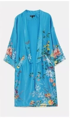 Chaqueta abierta kimono satinado floral mediana forrada azul M Zara trf para mujer  Foto 1 de 4