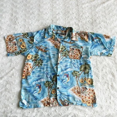 Vintage Ocean Current Hawaiian Shirt Mens Medium Camp Hula Girl Palm Waves Rayon - Image 1 of 4