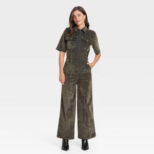 Women's Holiday Short Sleeve Flocked Denim Jumpsuit - Universal Thread - Picture 1 of 39