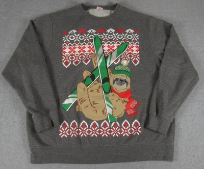Ugly Christmas Sweater Mens XL Gray Skiing Sloth Holiday Time - Image 1 of 4