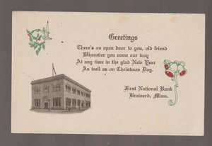 Brainerd MINNESOTA c1910 FIRST NATIONAL BANK Advertising CHRISTMAS CARD! MN - Picture 1 of 3