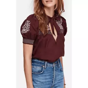 Free People Top Womens size XS Dreaming About You Embroidered Boho Burgundy New - Picture 1 of 10