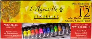 Sennelier l'Aquarelle Aquarell Metallbox 12 x 0,33 flüssige Unzen Tube Set & 1 Pinsel NEU - Bild 1 von 5