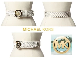 MICHAEL KORS Women's Large Leather Belt Tortoise Logo Plaque Wide Woven in White - Picture 1 of 5