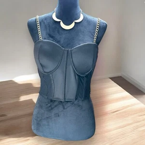 Say What Black Bustier Corset Gold Chain Strap Crop Top Women SZ Lg Zip Sheer - Picture 1 of 9