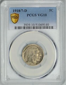 1918/7-D 5c BUFFALO NICKEL PCGS VG10 * 8/7 over-date * #51069140 - Picture 1 of 4