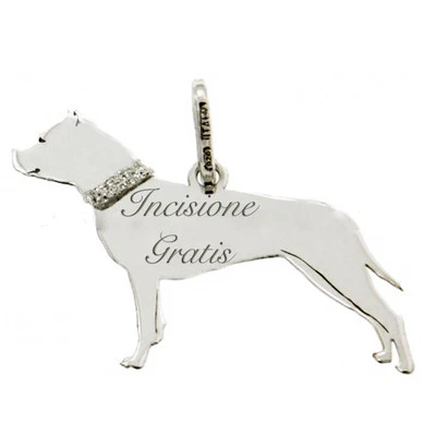 Ciondolo cane Staffordshire mm 20x25 in argento 925 rodiato incisione gratis - Immagine 1 di 2