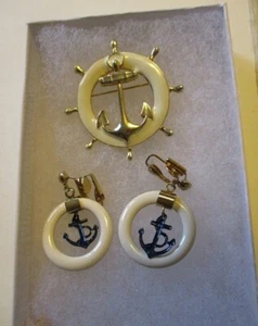 Maritim Anker Anstecknadel Ohrringe Schmuckset Emaille weiß blau - Bild 1 von 4
