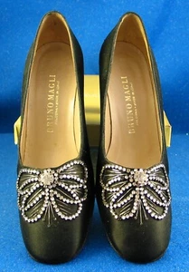 Vintage Bruno Magli Black Satin Pumps with Rhinestone Butterfly Estate - Picture 1 of 5