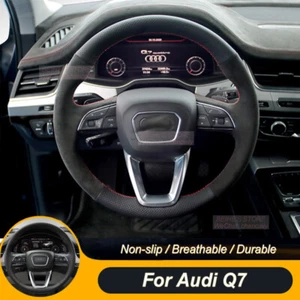 Cubierta de volante de coche de gamuza de cuero negro duradero cosido a mano para Audi Q7 - Imagen 1 de 7