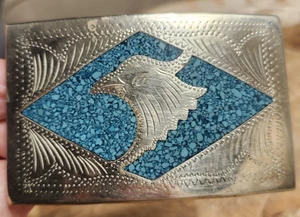 Southwestern Alpaca Mexico Native Boho Inlay Turquoise Belt Buckle Thunderbird - Picture 1 of 4