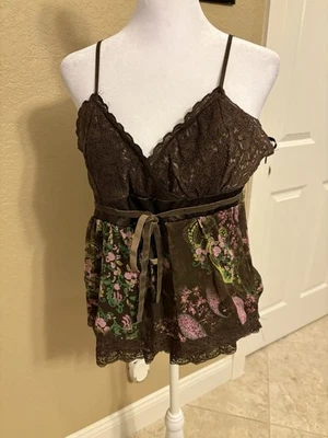 Rampage Women’s Y2K Pink And Brown Floral Glitter Fairy Babydoll Tank, Large  - Image 1 of 4