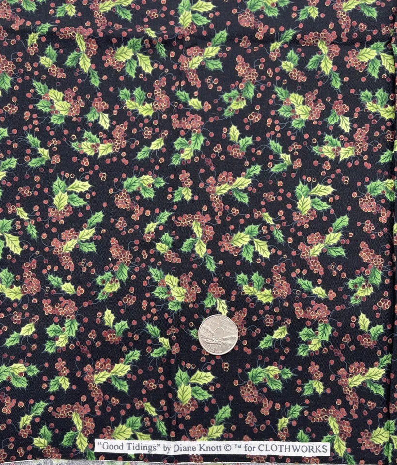 GOOD TIDINGS by Diane Knott for Clothworks Ivy Leaf Berries on Black 3/4 yd - Image 1 of 1