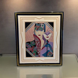 Vintage Textil Art Deco 80er lebendig metallic " Maske" gerahmt Nadelspitze 29x25 - Bild 1 von 10