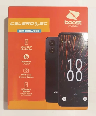 Smartphone pré-pago Boost Mobile Celero 5G SC 64GB 4GB 50MP preto novo em folha - Imagem 1 de 2