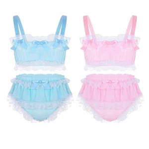 Herren Dessous BH Crop Top + Sissy Höschen Unterwäsche Set Reizwäsche Blau Pink - Bild 1 von 26