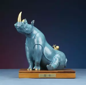 10.5" China Pure Copper Painted Rhino Rhinoceros Snail Art Statues - Picture 1 of 9