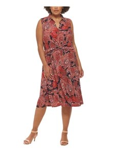 NEW TOMMY HILFIGER BLACK RED PLEATED FIT AND FLARE CAREER DRESS SIZE 16 W WOMEN - Picture 1 of 3