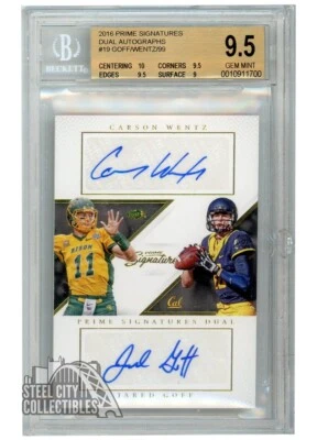 Jared Goff Carson Wentz 2016 Prime Signatures Dual Rookie Auto 23/99 BGS 9.5/10 - Image 1 of 2