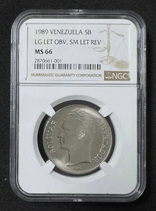 VENEZUELA, 5 Bolívares, 1989 NGC MS66. ** LG LET OBV, SM LET REV** - Picture 1 of 2