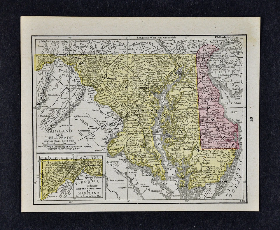 1917 McNally Map Maryland Delaware Washington DC Baltimore Annapolis Dover  - Image 1 of 1