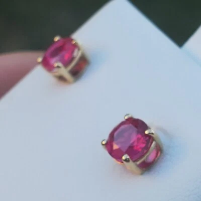 14K SOLID YELLOW GOLD  LAB-CREATED 1-1/3 RUBY STUD EARRINGS-5MM- NEW! - Image 1 of 4