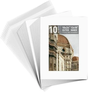 Pack of 10 Pre-Cut Picture Mat Kit White Core with Backing Boards and Clear Bags - Picture 1 of 20