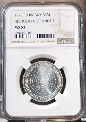 ALEMANIA 1973 PLATA 5 MARCOS NICHOLAS COPÉRNICO NGC MS 67 GEMA ESCASA BELLEZA Foto 1 de 3