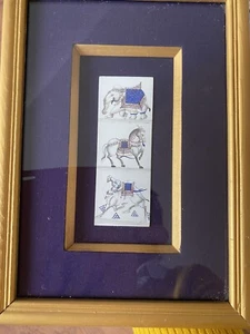 Original Indian Painting Elephant Horse Camel Gold Frame Blue Mount Not A Print - Picture 1 of 13