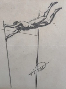 Antique Drawing Portrait Art Deco Hopper With Perch Diver Portrait D' Man Nude - Picture 1 of 7