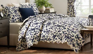 PATRICIA NASH RENAISSANCE REVIVAL QUILT SET mit 2 Shams blau & creme QUEEN SIZE - Bild 1 von 5