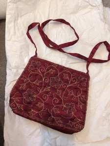 Pretty Burgundy Red Beaded Embroidered Satin Bag With Ribbon Strap Zip Fastening - Picture 1 of 6