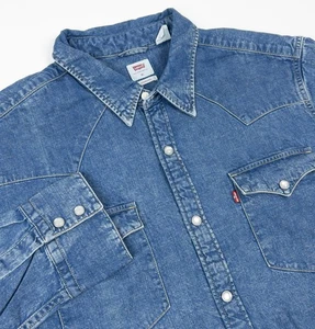 Levi's Denim Western Pearl Snap Shirt Men's XL Blue Long Sleeve Cowboy Western - Picture 1 of 14
