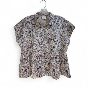 Rachel Zoe Linen Navy & Pink Floral Cap Sleeve Baby Doll Top Small Cottagecore - Picture 1 of 6