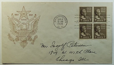 1938 FDC Presidential Series 7 Cent Andrew Jackson Fidelity Cachet Blk/4 SC #812 - Image 1 of 2