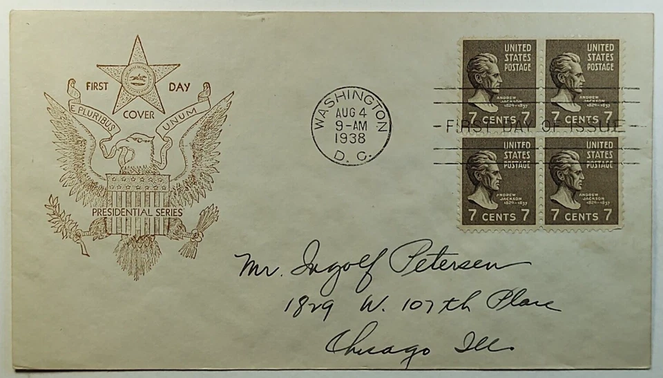 1938 FDC Presidential Series 7 Cent Andrew Jackson Fidelity Cachet Blk/4 SC #812 - Image 1 of 2