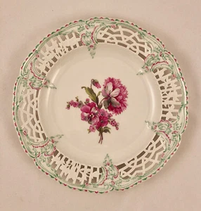 Antique KPM Reticulated Plate, Floral, Puce & Green, Iron Cross Mark - Picture 1 of 11