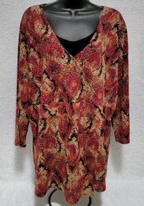 JM Collection Womens Shirt Top Blouse Size 1X Red Brown Black Gold - Picture 1 of 12