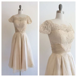 Short Vintage Wedding Dresses Tea Length Champagne Short Sleeves Bridal Gowns - Picture 1 of 9