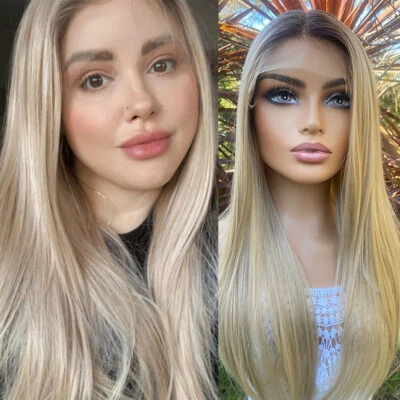 Hermosa peluca rubia clara recta peluca cabello humano 13x4 frente de encaje Foto 1 de 4