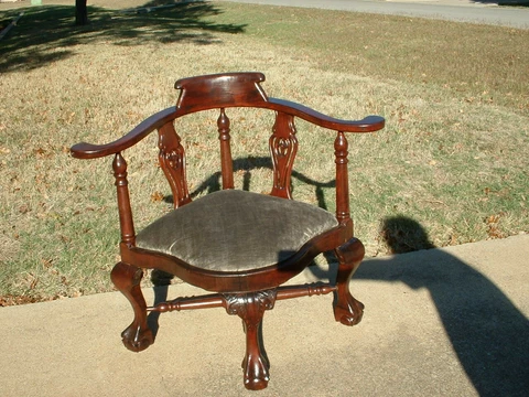 Antique Georgian Heavy Dark Wood Corner Chair Upholstered Seats Ball & Claw Feet Cover