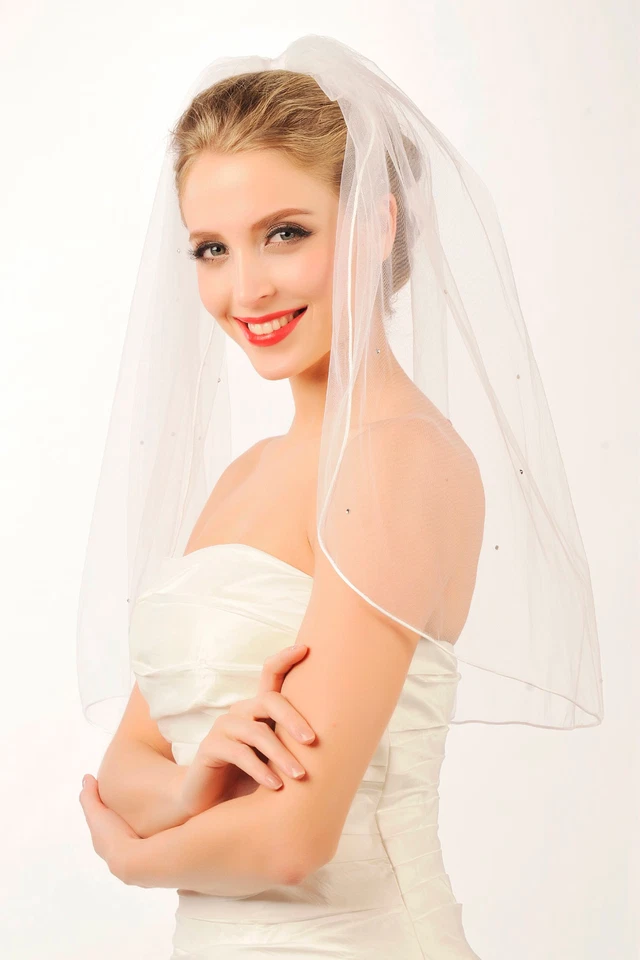 HBH 1-Schicht,Brautschleier Schleier,Softtüll,Perlen bestickt,Kamm,Weiß/Ivory - Bild 1 von 1