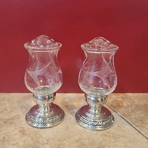 Quaker Silver Co. 703 Sterlingsilber & geätztes Glas gewichtetes Salz & Paprika - Bild 1 von 6